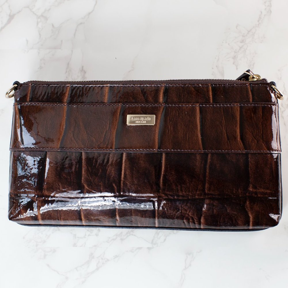SOLD Kate Spade Knightsbridge Byrd Clutch Bag Chestnut Patent Leather Purse - Picture 4 of 8